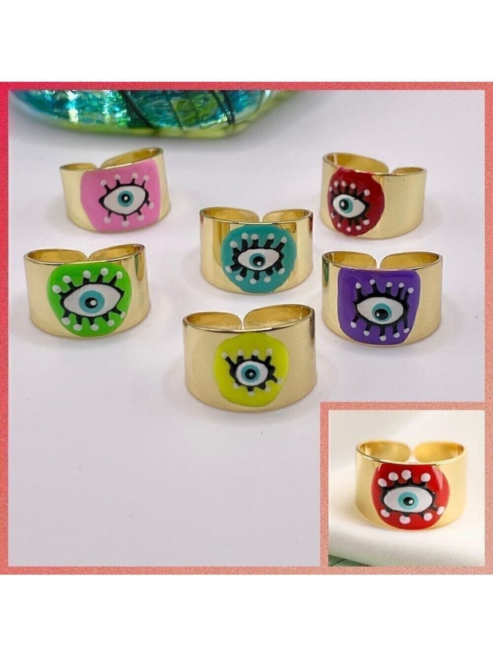Boho Evil Eye Enamel and Copper Adjustable Ring #1300 RED